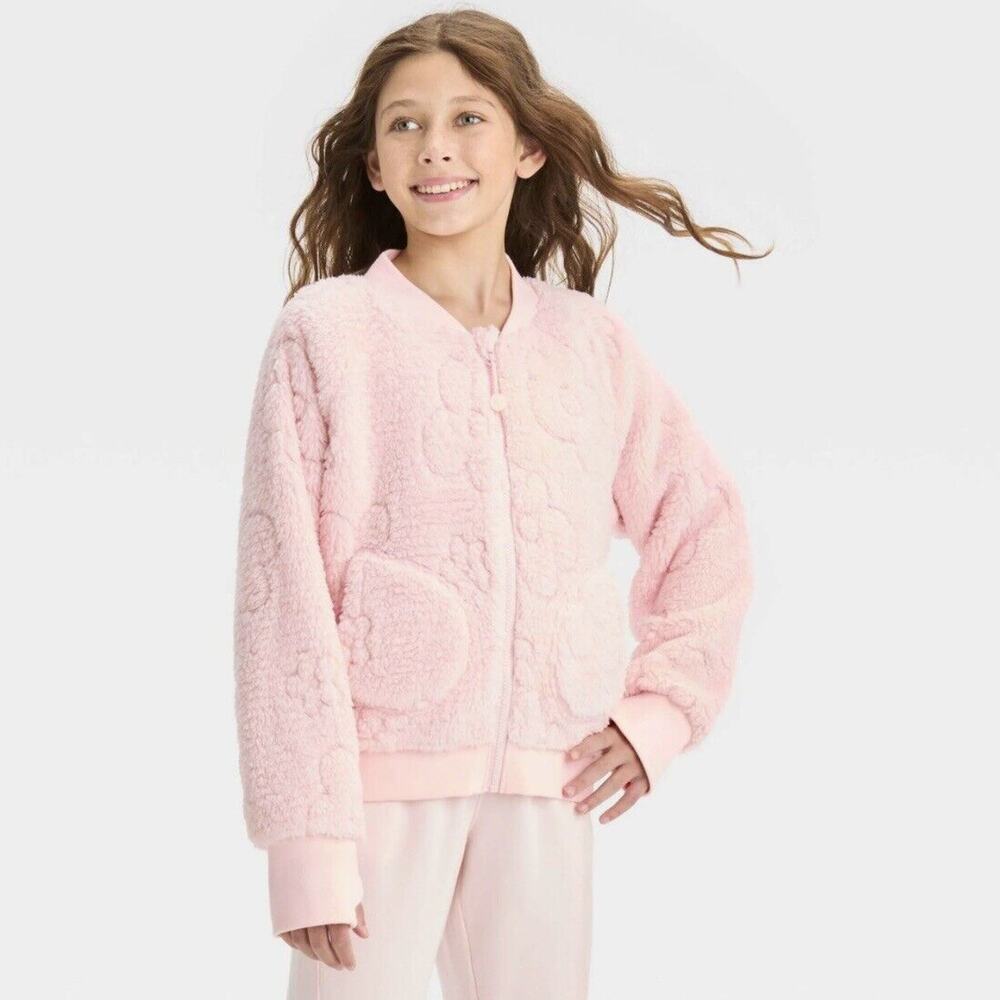 All in Motion Girls' Large 10/12 Fleece Floral Quilted Full Zip Soft Pink Jacket